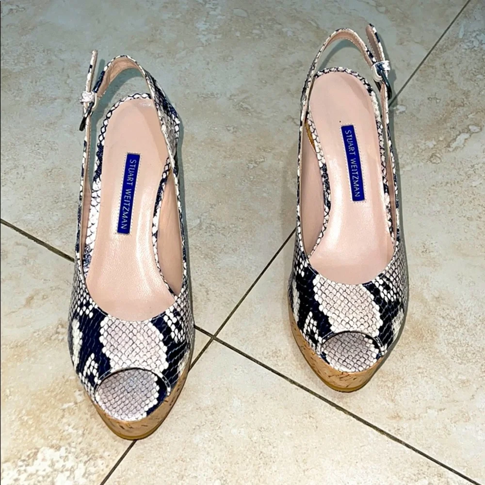 Stuart Weitzman Snake Print Slingback Wedges - Picture 3 of 13